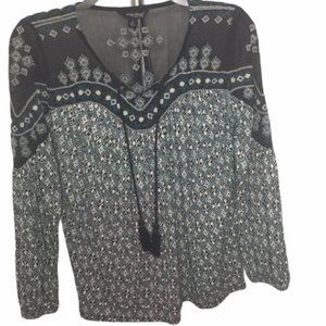 Lucky Brand Boho Embroidered Peasant Top w/ Tassel